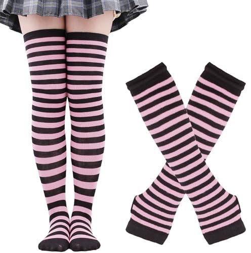 Chaussettes Hautes à Rayures et Gants Sans Doigts Ensemble, Chaussettes Longues Rayées Gants Longs Rayés pour Femmes Filles (FR/ES, Alpha/lettres, Taille unique, Taille normale, Taille normale, Rose)