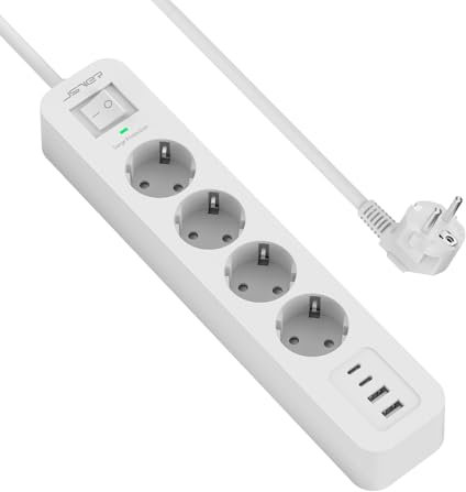 JSVER Regleta Enchufe,4 Puertos de USB(3 USB A+1 USB C) y 4 Tomas Regleta Proteccion Sobretension Enchufe Alargador Multiple Carga para iPad iPhone Tablets Cable 2m-Blanco