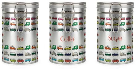 Campervans Tea, Coffee & Sugar Canisters Set - Multicoloured Campers Holiday Gifts for Campervan Owners - Silver Metal Clip Lid Kitchen Food/Drinks Storage Jar/Container 600ml (14cm x 8.5cm)