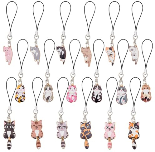 HOBBIESAY 18 Stück Kawaii Katzen Handyanhänger, 8.8-10.2cm, Emaille-Legierung, Süßer Hängender Katzen Handygurt Für Rucksack Geldbörse Schlüsselbund Dekoration