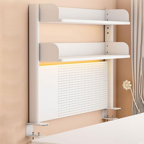 Clamp-on Adjustable Desk Storage Shelf - White Clip On Shelving Unit for Dresser Top Organization, Iron Rack with Under/Over Desk Storage
