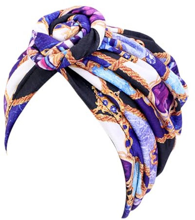 Lahviuu Damen Turban, Afrikanischer Blumen Turban, Polyester, Lila, 1 pcs, Vorgebunden, Beanie Mütze, Kopfwickel, Schlafmütze