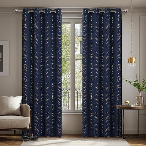 Deconovo Lot de 2 Rideaux Occultants Thermiques Isolants Anti-Froid à Œillets - Motif en Fil d'or 140×180CM, Rideaux Thermiques pour Chambre et Salon Bleu Marine