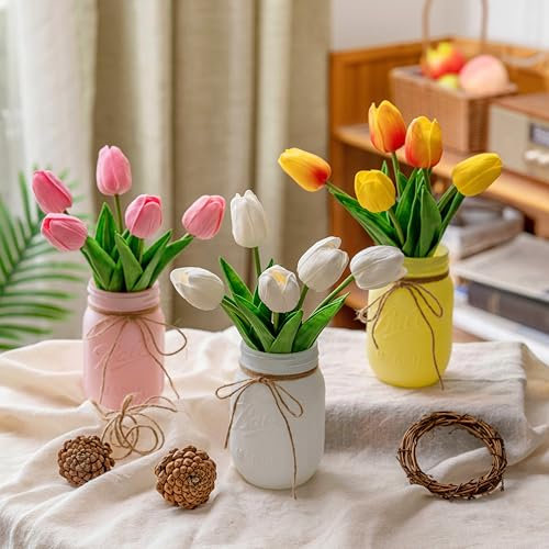 3 Pack Tulip Mason Jar Centerpiece Table Decorations, Kitchen Table Centerpieces for Dining Room, Spring Easter Coffee Table Decor with Tulips Artificial Flowers, Farmhouse Centerpieces for Tables
