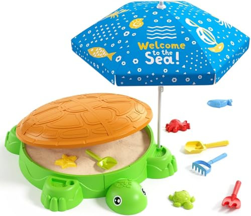 HYES Tortue Bac à Sable avec Couvercle, Bac a Sable Enfant Exterieur avec Parasol, Jouets de Plage Bac Sensoriel Jeux D 'été Intérieur Extérieur Jardin Cadeau pour Garçon Fille 3-5 Ans