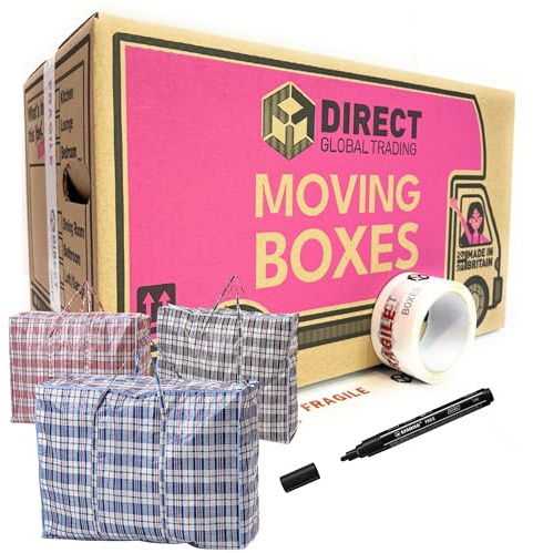 Pack of 20 Large Strong Moving House Cardboard Boxes & 3 Extra Large Clothes Laundry Bags with Fragile Tape & Marker Pen