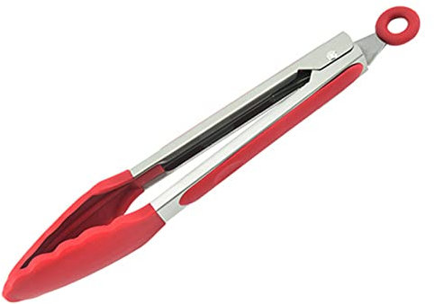 Pince de cuisine en silicone, pince de service pour la cuisine, résistante à la chaleur jusqu'à 230 °C, pinces alimentaires en acier inoxydable avec embouts en silicone antiadhésifs (22,9 cm, rouge)