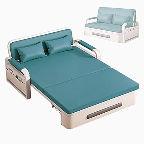 Recamiere mit Schlaffunktion und Bettkasten Gästebett Klappbar mit Rädern Kissen 10cm Massivholzrahmen Chaiselongue Sofa Liegesessel für Haus, Büro(Blue,192 * 108 * 65cm)