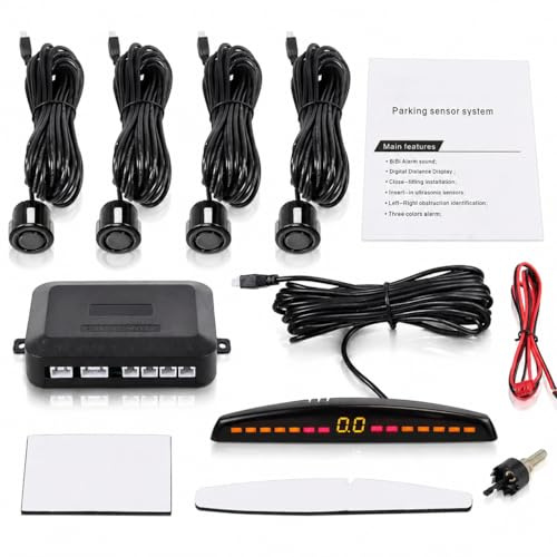 Anhoer Car Parking Sensors Kit, 4 Ultrasonic Rear Reversing Radar System with LED Display & Buzzer Alarm, Distance Detection Parking Assist System for Universal Cars, SUVs, Vans