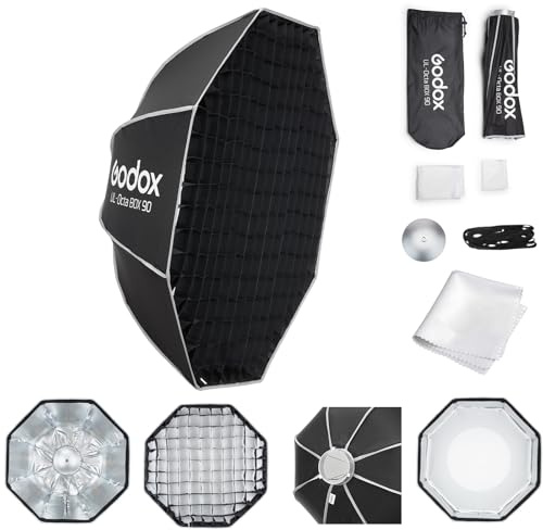Godox Softbox Godox - Softbox ottagonale a ombrello a sgancio rapido, 90 cm, supporto Bowens con diffusori frontali e interni rimovibili/impugnatura/piastra diffusore per fotografia, live streaming
