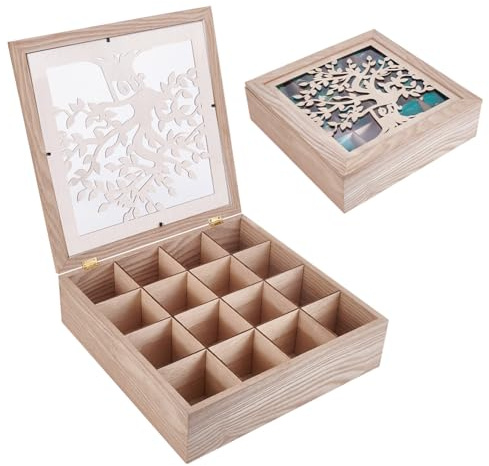 UNICRAFTALE Holz Teebox Organizer Mit 16 Fächern Hohler Lebensbaum Design Aufbewahrungsbox Für Teebeutel Küchenarbeitsplatte Schrank 32x32x9.1cm