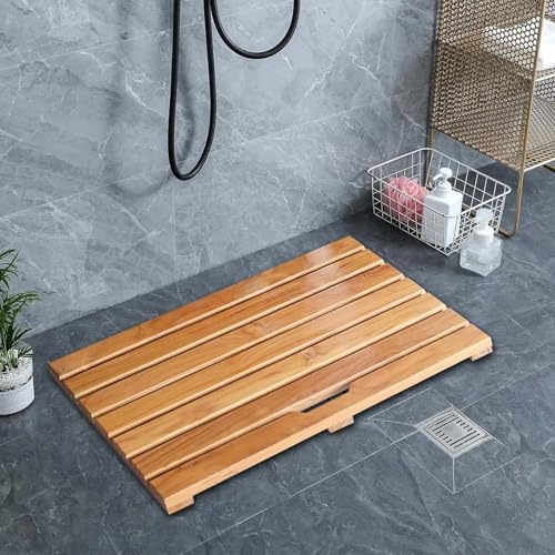 Badematte aus Holz, 30 40 50 60 70 80 90 100 110 120 cm, rutschfeste, robuste Matte für Holzböden im Innenbereich, schnell trocknendes Badezimmer-Laufbrett mit Abflussloch(50x70cm/20x28in)