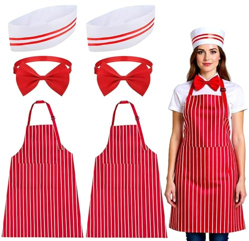 6 Stück Schürze Und Kochmütze Set,Kellner Kostüm im 50er Jahre Stil,mit Rot Weiß Gestreifte Schürze Kochmütze Fliege,Popcorn Kostüm,Koch Outfit Erwachsene für BBQ Küche Gartenarbeit Karneval Party