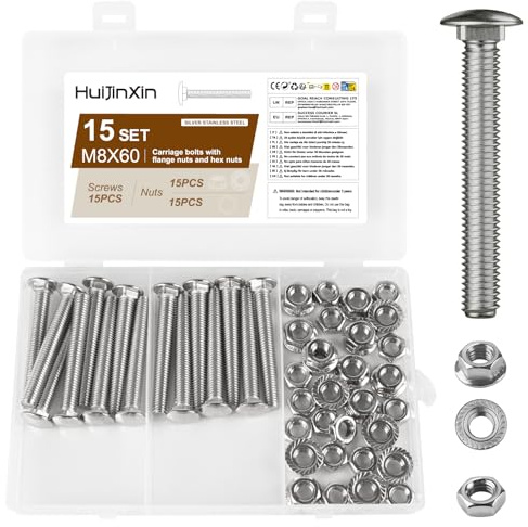 15 Set Schlossschrauben M8 Edelstahl, M8 x 60mm Schloßschrauben Edelstahl, Torbandschrauben Muttern Set, Flachrundkopfschrauben, Flachkopfschrauben mit Sechskant Flanschmuttern Sets(15, M8x60)