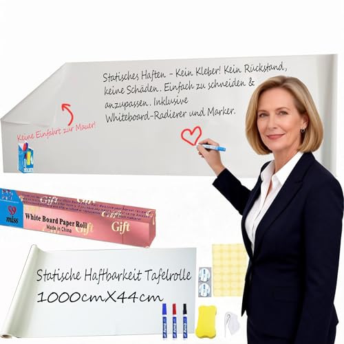 Whiteboard-Papierrolle, 44 x 1000 cm, trocken abwischbare Tafel-Alternative, kein Kleber, statisch haftend, Whiteboard-Aufkleber für Wand, Glas, Schule und Büro,tragbar
