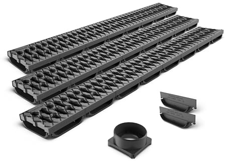 VODALAND EASY LOW – Canaleta de Drenaje con Rejilla de Plástico Negro | Perfil Bajo 40 mm | Clase A15 (hasta 1.500 kg) | Drenaje Discreto en Terrazas, Patios y Espacios Exteriores - Kit de 3 metros