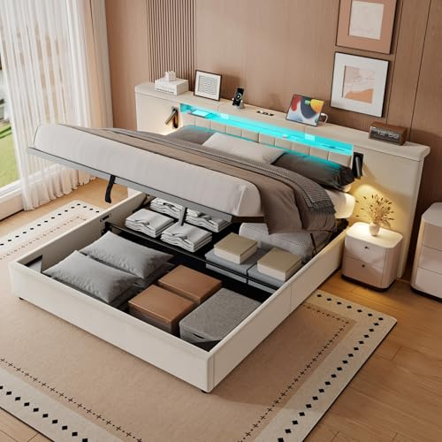 Mdytt Bett 180x200 Polsterbett mit LED und Leselampe, Doppelbett mit Breites Kopfteil und USB, Hydraulisches Bett mit Stauraum, Stauraumbett Bettgestell mit Lattenrost, Ohne Matratze, Samt Beige