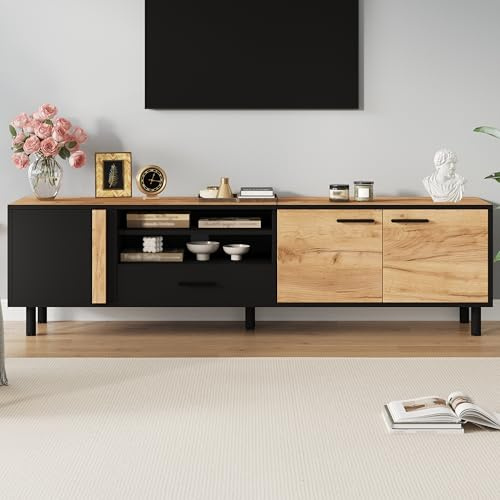 Merax 180cm TV Stand for 75 Inch TV, Modern TV Unit with Storage, Drawer Oak & Black Wood Media Console Lowboard Entertainment Unit with Cable Management, Industrial TV Cabinet for Living Room