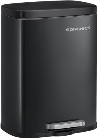 SONGMICS Mülleimer, Tretmülleimer aus Stahl, Abfalleimer mit Deckel und Inneneimer, 12 L, 38,4 x 28,6 x 25,2 cm, Kleiner Kosmetikeimer für Bad, Schwarz, PLUSHIC Kollektion LTB112BZ02