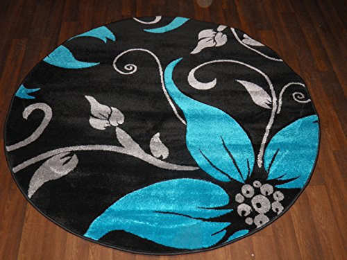 Stunning Circular Lily Black/Teal 140x140cm Circle Hand Carved Woven Backed Rugs