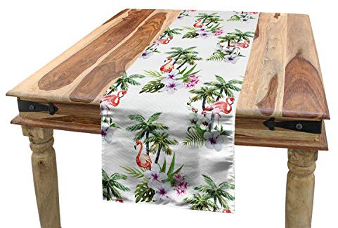 ABAKUHAUS Palme Tischläufer, Flamingo Hibiscus Kunst, Esszimmer Küche Rechteckiger Dekorativer Tischläufer, 40 x 180 cm, Grün Rosa
