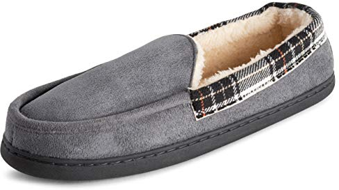 Polar Mens Memory Foam Duel Size Moccasin Loafer Outdoor Durable Rubber Sole Cozy Faux Fur Plush House Slipper - Grey Suede - UK8-9/EU42-43 - EA0635