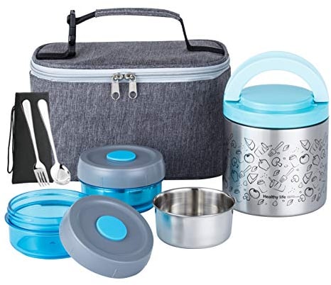 Lille Home Lunch Box Set 1065ml, una caja bento/bocadillo aislada de vacío que mantiene la comida caliente, con 2 recipientes de alimentos sin BPA, bolsa de almuerzo, juego de cubiertos