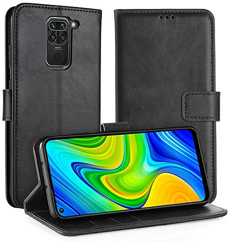 Simpeak Funda Compatible para Xiaomi Redmi Note 9, Funda Cuero Funda Libro Soporte Plegable/Ranuras para Tarjetas y Billetes/Acceso a Botones/Cierre Magnético, Negro