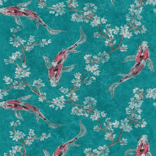 Papier peint motif poisson japonais | Tapisserie verte motif animaux pour salon | Papier peint japonais vert blanc & rouge pour chambre