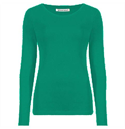 janisramone Womens Ladies Round Neck Long Sleeve T-Shirt Stretchy Plain Fitted Basic Jersey Casual Tee Top Bottle Green