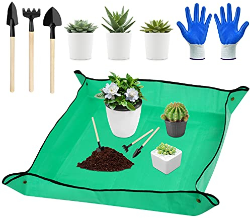KATELUO wasserdichte Gartenmatte Pflanzmatte, Gartenmatte Wasserdicht, Pflanzunterlage, Pflanzen Umtopfmatte, Gartenarbeitsunterlage Faltbare für Umtopf, Sukkulenten, Sämling (100x100cm, Grün)