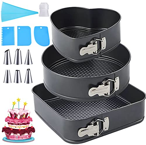MULEVIP Moule à Charnière,3 Pièces 22/24/26cm Moule à Gâteau Noir en Acier au Carbone,avec Comprend 11 Accessoires de Pâtisserie,Anti-adhésif Leakproof Réglable Moule à Gàteau Coeur Rond Carré