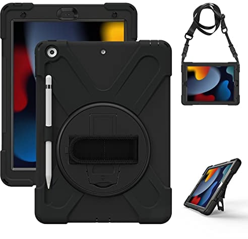 Gerutek Hülle für iPad 10,2 Zoll (iPad 9./8./7. Generation), Stoßfeste Robust Panzerhülle mit Pencil Halter, Drehbar Stände, Handschlaufe Schultergurt Schutzhülle für iPad 10.2 2021/2020/2019, Schwarz
