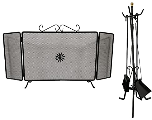Set Camino in Ferro Battuto Nero con Parascintille 100x48 cm e Kit Attrezzi 58 cm Attizzatoio Pinza Scopino Paletta