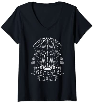 Damen Memento Mori Sarg Regenschirm Line Art Design T-Shirt mit V-Ausschnitt