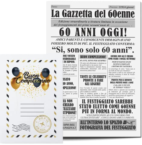 KAÏDENSÏ Idea Regalo Uomo 60 Anni - Giornale La Gazzetta Del 60 Enne - Maxi Biglietto Auguri Originale - Idee Regali Compleanno Originali - Gadget Scherzi Biglietti Divertenti per Lui