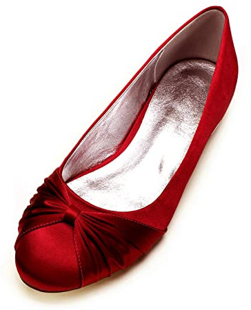 Womens Slip on Bridal Pumps Round Toe Ballet Flats Satin Wedding Party Dress Shoes,Dark Red,5 UK