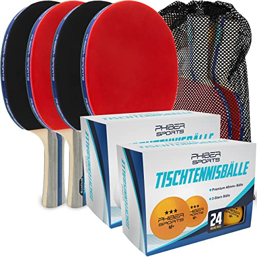 PHIBER-SPORTS Premium Tischtennis MEGA-Set – 4 Tischtennisschlaeger + 24x 3 Stern orange TT-Bälle + 24x 3 Stern weiße TT-Bälle nach Wettbewerbsrichtlinien + 8 Tischtennisbaelle + Tragetasche