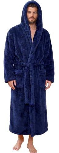 Vulcanodon Bademantel Herren mit Kapuze flauschig voller Länge Plüsch Morgenmantel Männer Fleece (Marineblau, L/XL)
