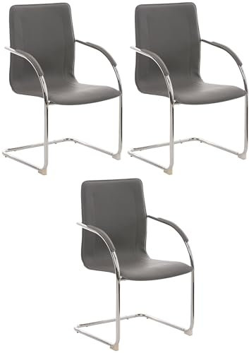 CLP 3er Set Freischwinger Melina Kunstleder I Konferenzstühle Mit Armlehne I Bürostühle Mit Metallgestell In Chrom-Optik, Farbe:grau