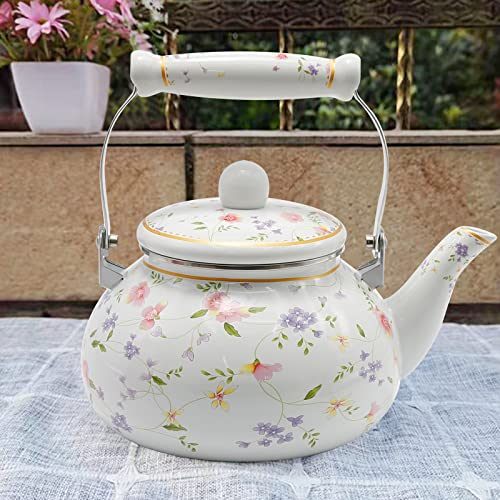 Saihisday Tetera esmaltada floral para estufa, hervidor de té floral verde grande de 2.5 L con mango de cerámica estilo turco (rosa verde)
