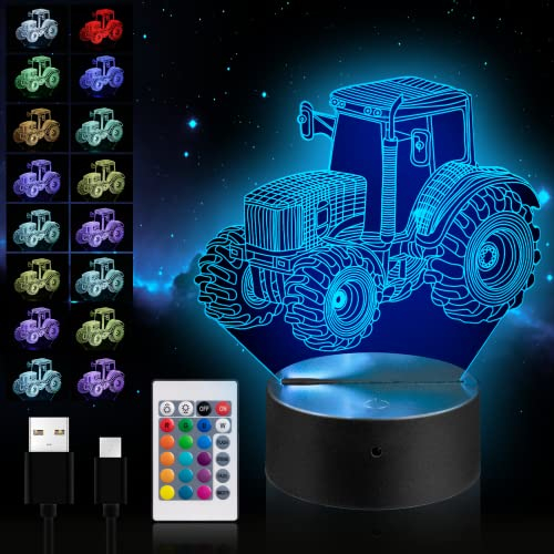 Moocuca Traktor Lampe, 3D LED Illusion Lampe, Nachtlicht für Kinder, Nachtlicht mit Fernbedienung 16 Farbwechsel Dimmbar Nachtlichter, Nachtlicht Junge Mädchen Schlafzimmer Dekor