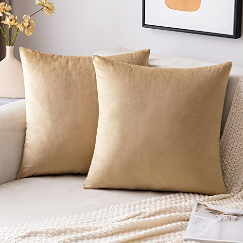 EMEMA Samt Kissenbezug Kissenhülle Dekorative Dekokissen Sofakissen Lendenkissen Wurfkissenbezug mit Verstecktem Reißverschluss Schlafzimmer Sofa 2er Set 40x40 cm Khaki