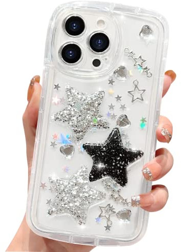 HZLFCZL Compatible with iPhone 14 Pro Case Cute Cartoon Glitter 3D Stars Crystal Heart Clear Pattern Design Women Girls Aesthetic Kawaii Pretty Transparent Sparkly Phone Case for iPhone 14 Pro -Stars