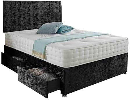 SANA SLEEP Classic Premium Fabric Divan Bed Set With Open Coil Memory Foam Mattress, 4 Drawers and Matching Headboard 4FT6 Double - Black Crushed Velvet