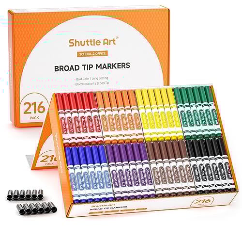 Shuttle Art Filzstifte Kinder auswaschbar, 216 Stück Filzstifte auswaschbar in 8 Farben, dicke Filzstifte Set mit zusätzlichen Kappen, Fasermaler für Lehrer, Schüler, Unterricht