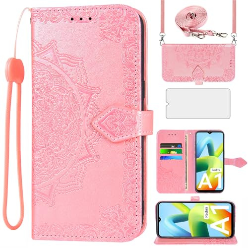 Asuwish Handyhülle für Xiaomi Redmi A1/A2 4G Hülle mit Band und Glas Folie Schutzfolie Kartenfach Klappbar Leder Geldbörse Ständer Mi A 1 2 1A 2A Handy Hüllen Mandala Schutzhülle Phone Case Roségold