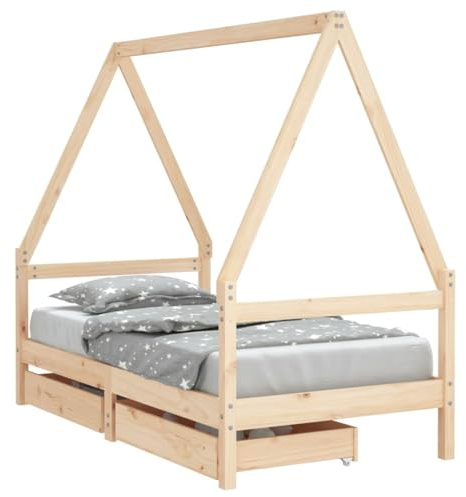 vidaXL Kinderbett, Kinder Bettgestell mit Schubladen, Hausbett für Kleinkinder ab 4 Jahren, Einzelbett Kinder Jugendbett Holzbett, 80x160 cm Massivholz Kiefer