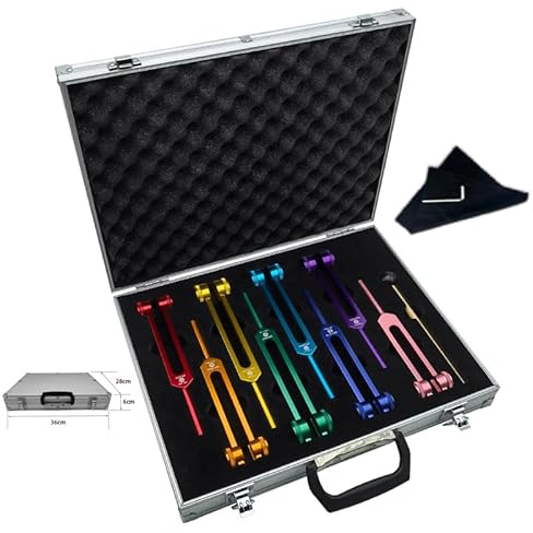 Vorole 8 PCS Solfeggio Stimmgabel-Set, gewichtete 7 Chakra 1 Seelenzweck Musiktherapie-Instrumente für Klangheilung Meditation mit Hammergehäuse(126 Hz 136 141 172 194 210 221 272 Hz)