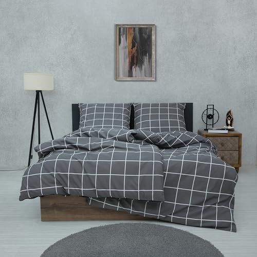 Vency Bettwäsche 135x200 4-Teilig Anthrazit - Oeko-TEX 80% Baumwolle & 20% Polyester, 2X Bettbezug Reißverschluss + 2X Kissenbezug 80x80 Umschlagverschluss, Gridline Modell